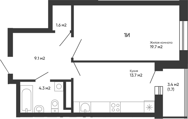 Планировка 1-к.кв, 50,1 м² в ЖК Космос